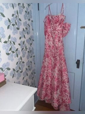 Pamella Roland  Pink Floral Maxi Dress with Spaghetti Straps and removable bow.